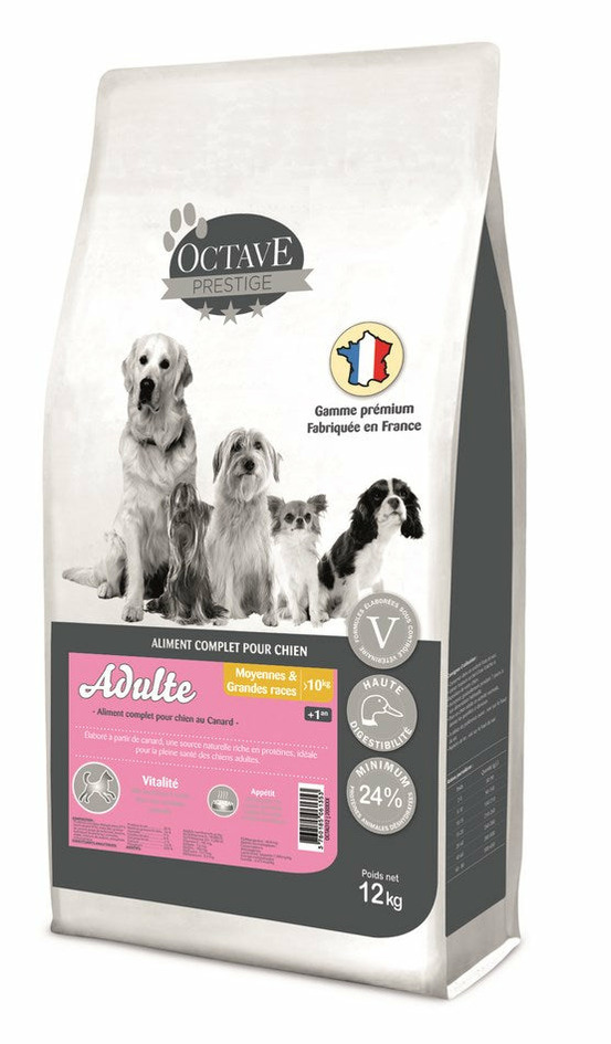 Octave prestige - croquettes au canard pour chien de moyenne et grande taille 12kg
