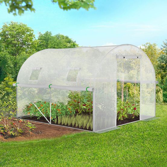 Bâche de rechange pour serre de jardin tunnel 6m² 3 x 2 x 2 m anti-uv avec porte et fenêtres roma blanche toutes saisons