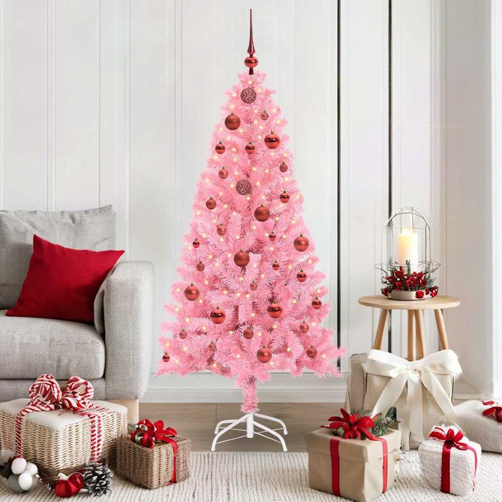 Kit sapin de noël design rose 150 cm tout-en-un, guirlande led et décorations incluses