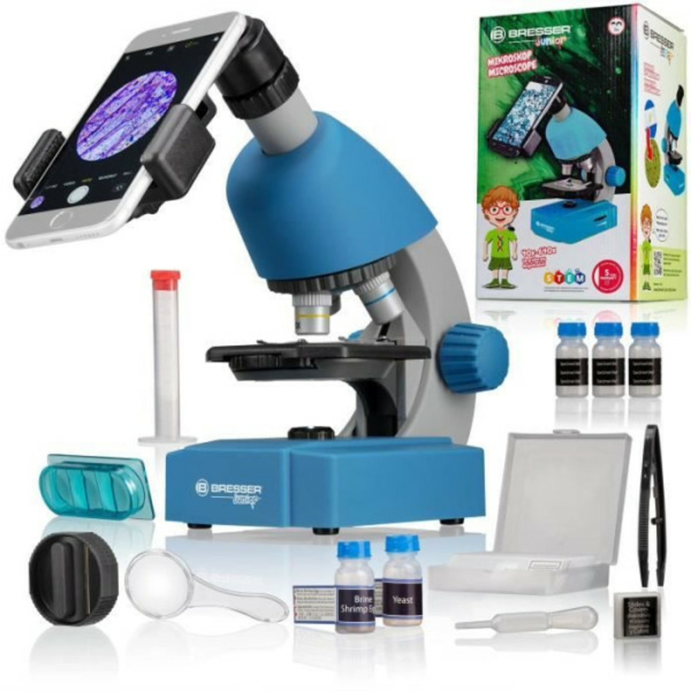 Microscope 40x-640x - bresser junior - éclairage led - kit d'expérimentation - bleu