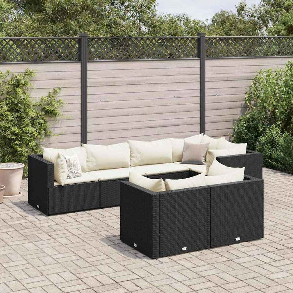 Salon de jardin 7 pcs avec coussins noir résine tressée