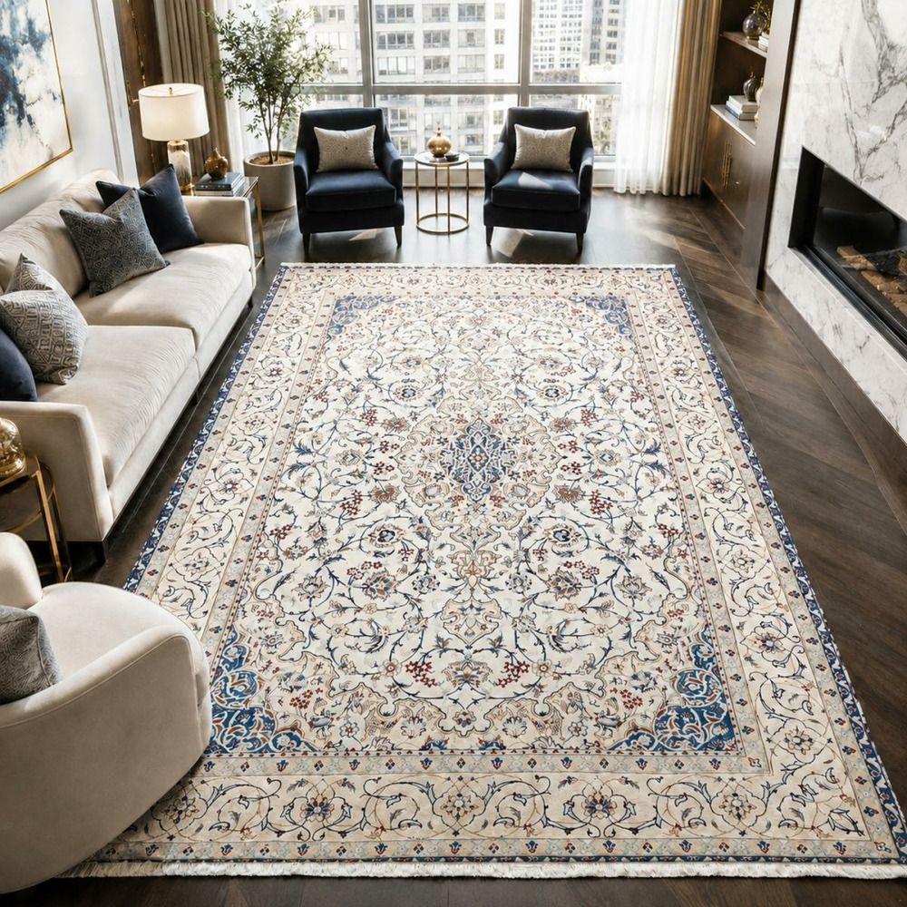 Tapis d'orient 214 x 317 cm, crème, bleu et rouge, laine et soie, noué main, nain 9la 36