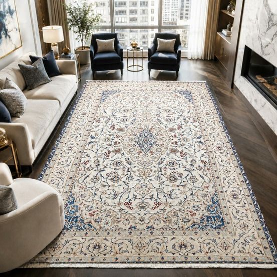 Tapis d'orient 214 x 317 cm, crème, bleu et rouge, laine et soie, noué main, nain 9la 36