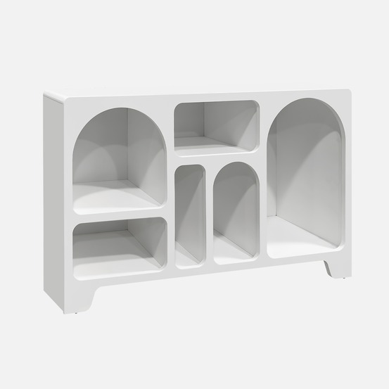 Buffet organique 6 compartiments, buffet bas, décor bois blanc 120cm