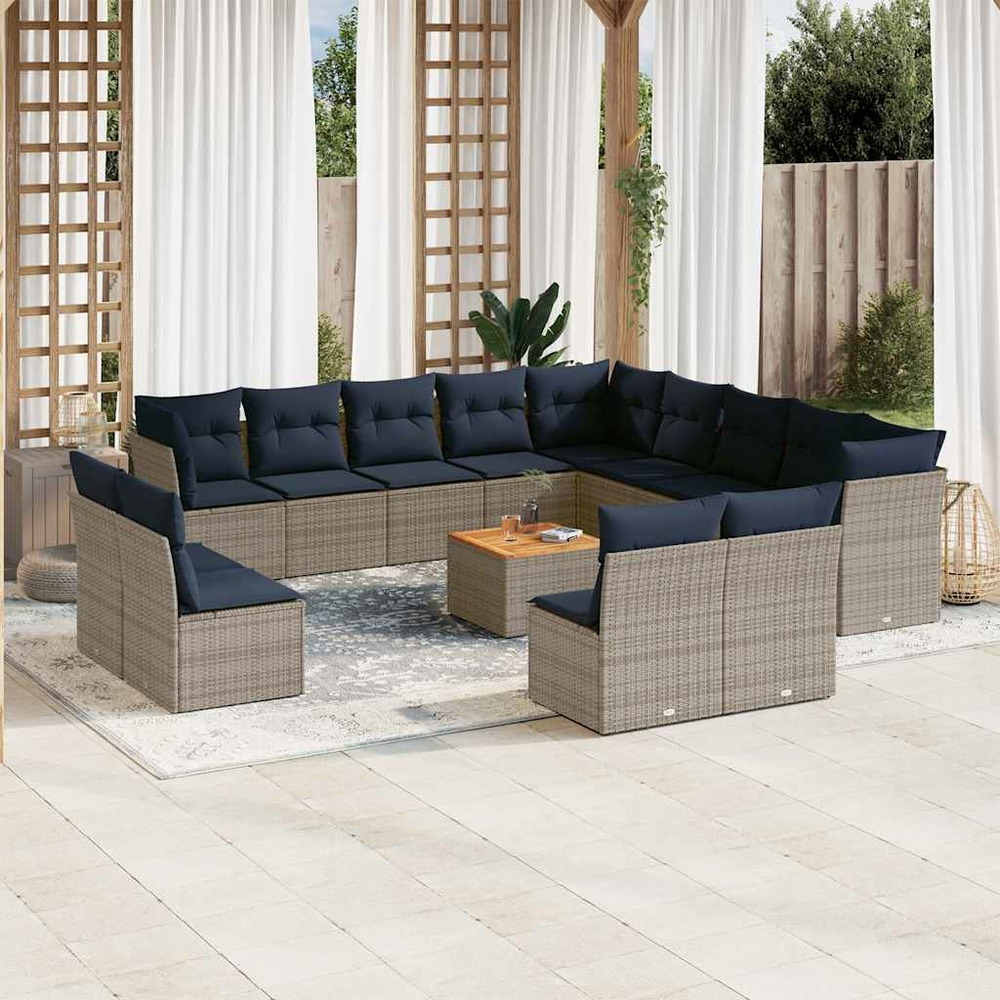 Salon de jardin avec coussins 14 pcs gris résine tressée