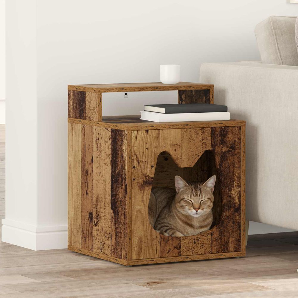 Petit meuble chat bois ancien repos brun 53,5cm pour petit chat stylé