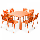 Ensemble table de jardin carrée et 8 fauteuils en métal orange