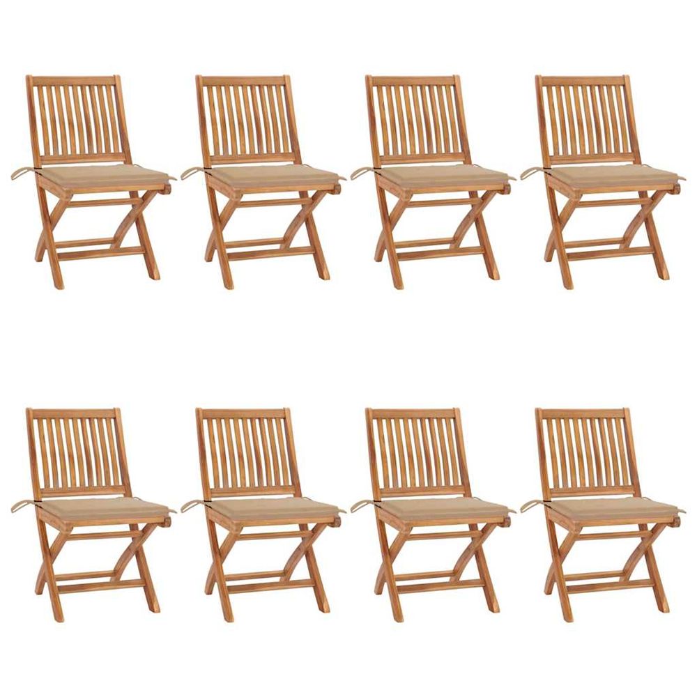 Chaises pliantes avec coussins, 8 pièces, en teck massif