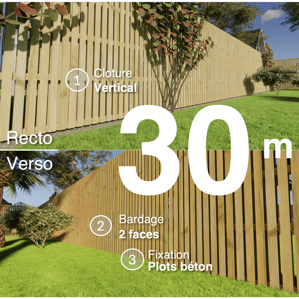Kit clôture bois moderne 30m – h 2,3m – 20 x 60 mm autoclave vert – pose vertical – double face – à sceller