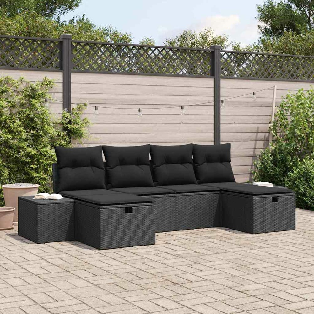 Ensemble de canapé de jardin avec coussin 6 pcs noir polyrotin