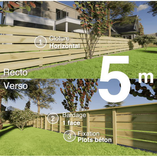 Kit clôture bois moderne 5m – h 0,9m – 21 x 145 mm autoclave vert – pose horizontal – simple face – à sceller