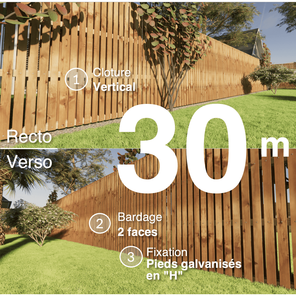 Kit clôture bois moderne 30m – h 1,9m – 20 x 70 mm autoclave marron – pose vertical – double face – support galva
