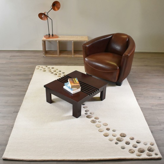 Tapis salon 200x290 fait à la main en laine beige et gris motif simple