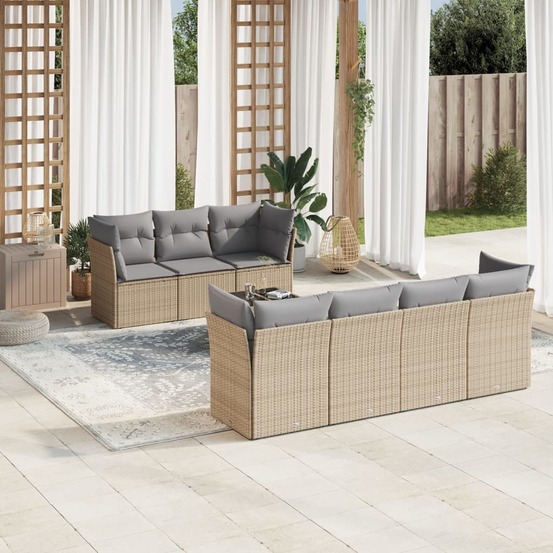 Salon de jardin avec coussins 8 pcs beige résine tressée
