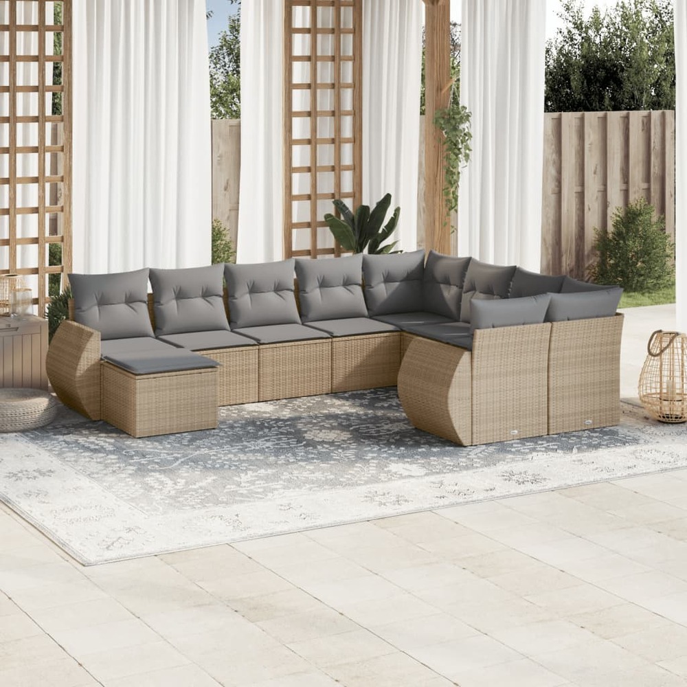 Salon de jardin avec coussins 10 pcs beige résine tressée