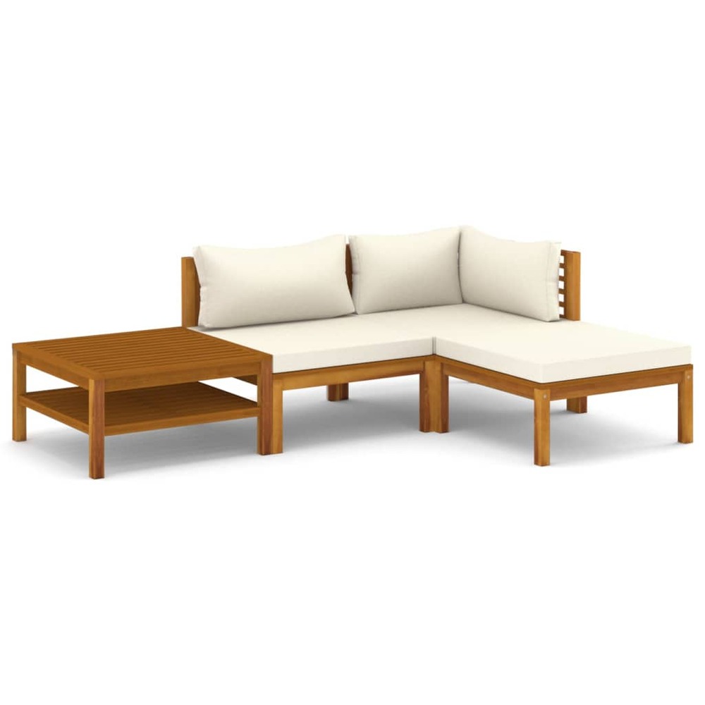 Salon de jardin meuble d'extérieur ensemble de mobilier 4 pièces avec coussin crème bois d'acacia solide
