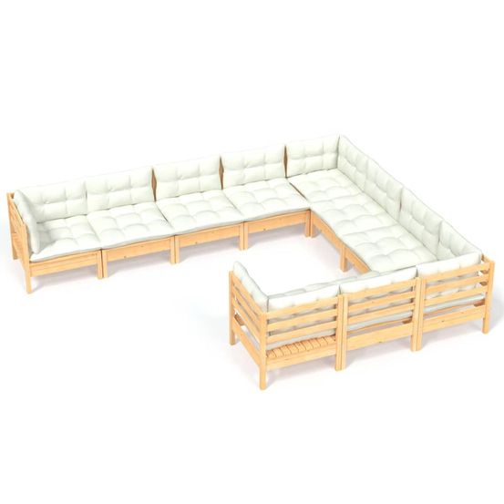 Salon de jardin 10 pcs avec coussins crème bois de pin