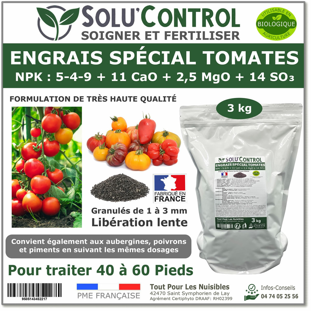 3 kg d'engrais spécial tomates, aubergines, poivrons, piments - solucontrol - formulation haute qualité organo-minerale - uab