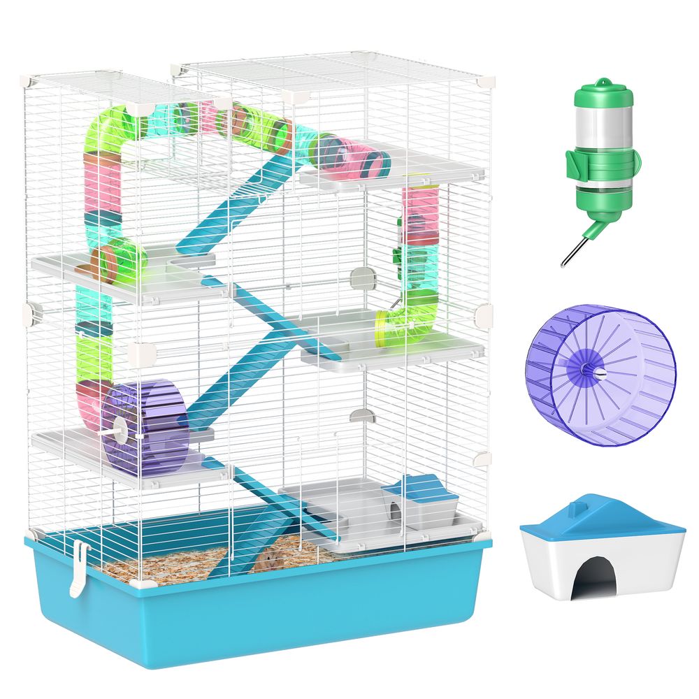 Cage hamster 6 niveaux en métal pour petits rongeurs avec tunnels et roue 58x36x81cm bleu