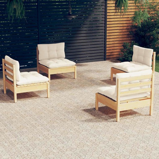 Salon de jardin 4 pcs avec coussins crème bois de pin