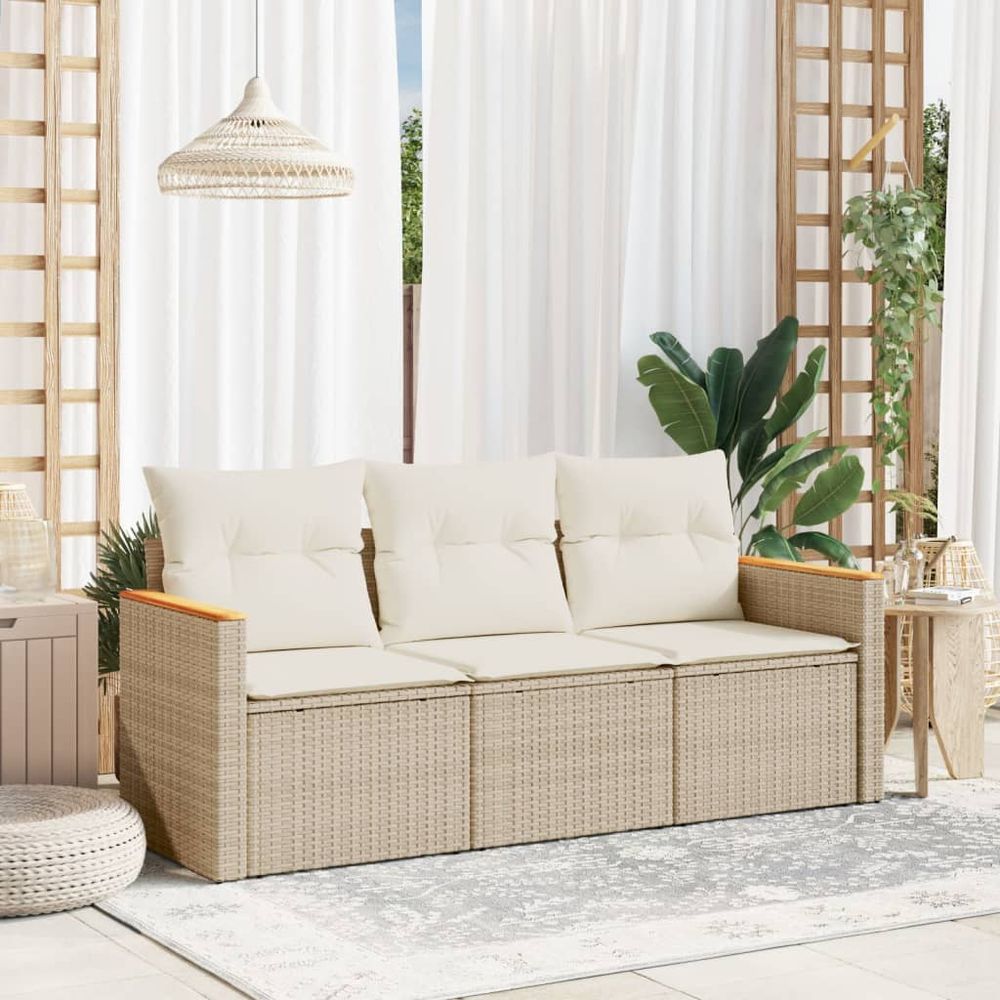 Salon de jardin avec coussins 3 pcs beige résine tressée