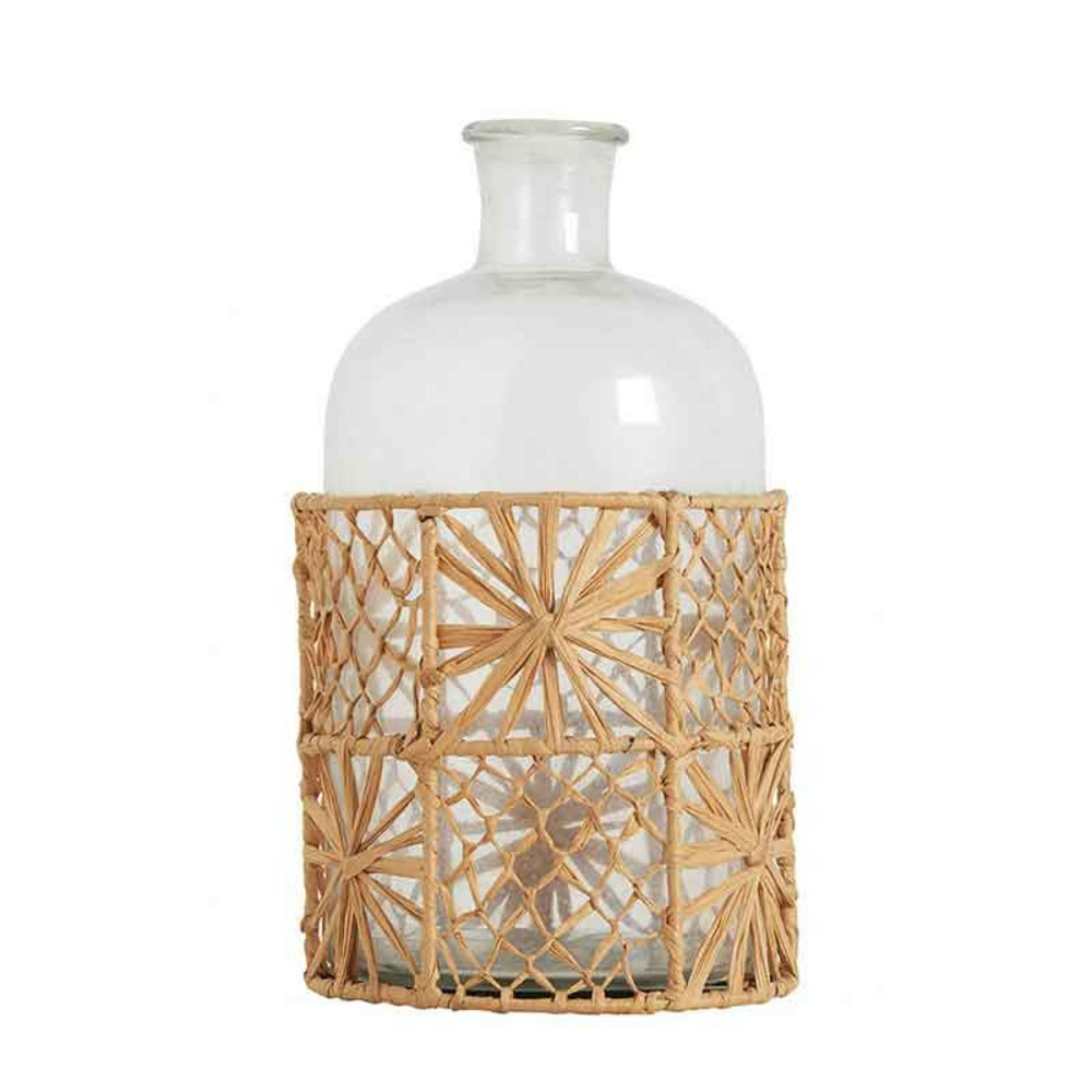 Vase bouteille soliflore verre raphia fleurs 13x26cm