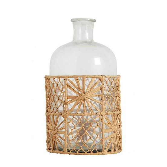 Vase bouteille soliflore verre raphia fleurs 13x26cm