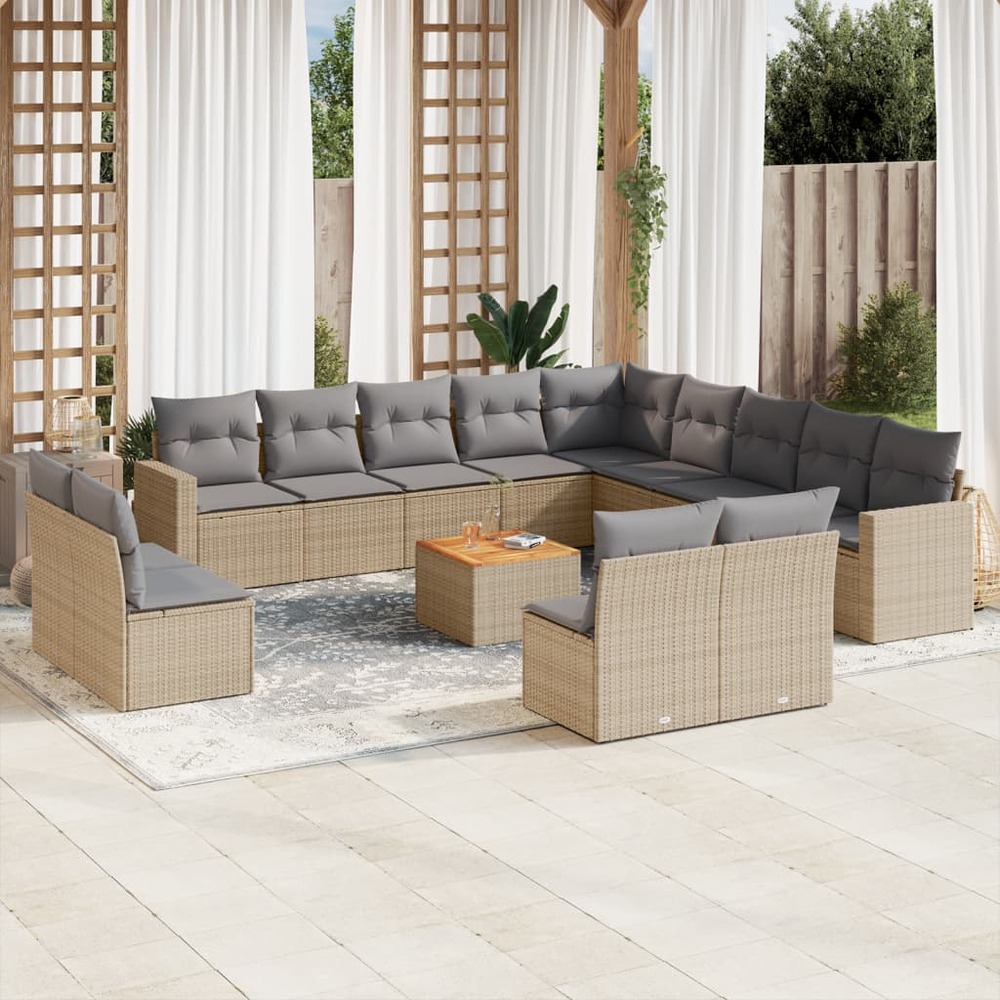 Salon de jardin avec coussins 14 pcs beige résine tressée