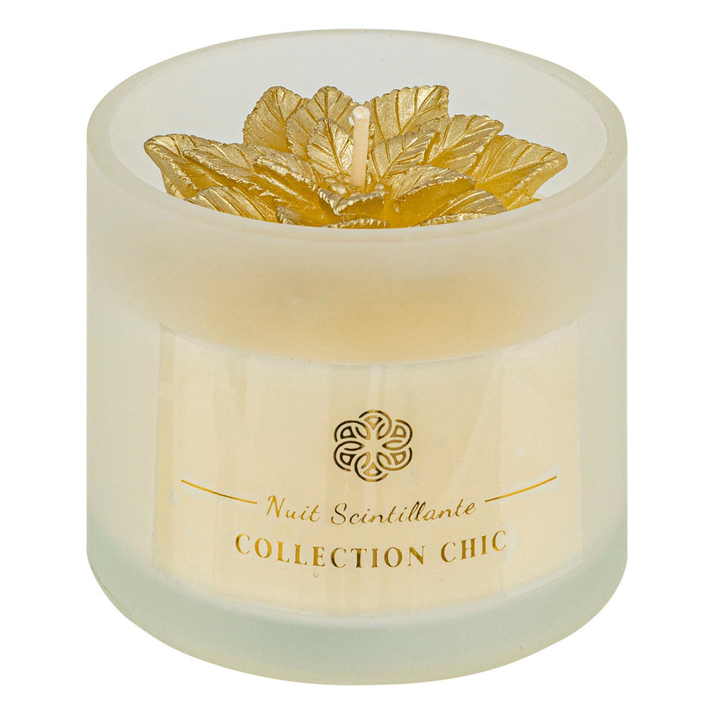 Bougie de noël déco fleur poinsettia dorée pailletée photophore en verre 120g