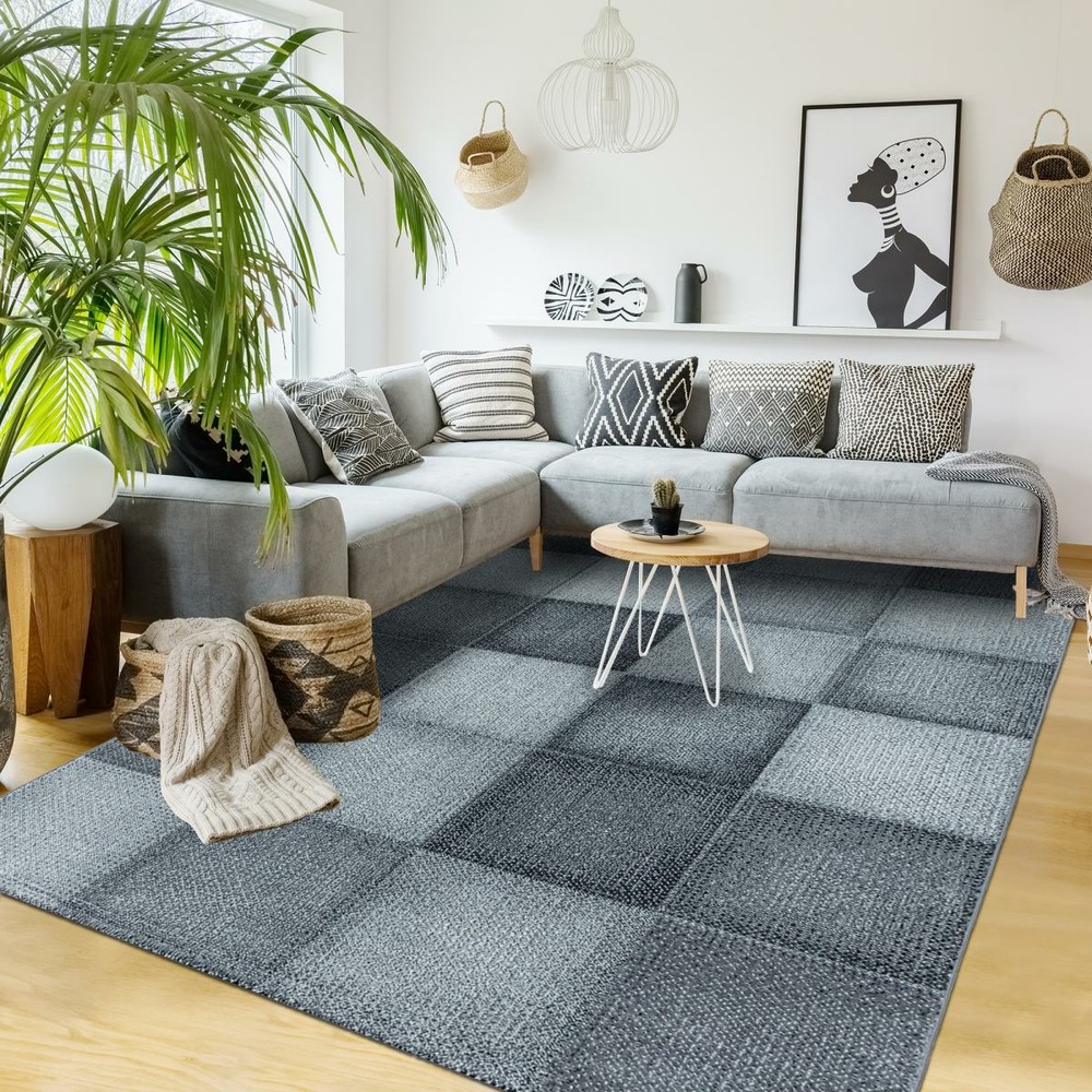 Tapis de couloir 80x250 tissé motif géométrique ontaria gris foncé et gris clair