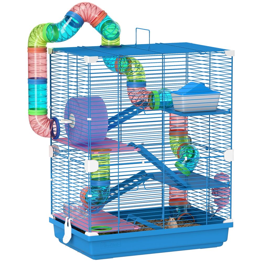 Cage hamster métal pour appartement avec tubes 46x58cm bleu