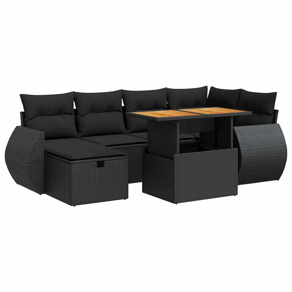 Salon de jardin avec coussins 8 pcs noir résine tressée acacia