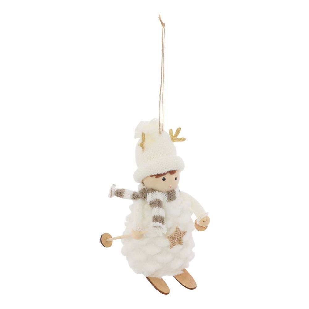 Suspension de sapin fille skieuse dans la neige en textile 11 cm