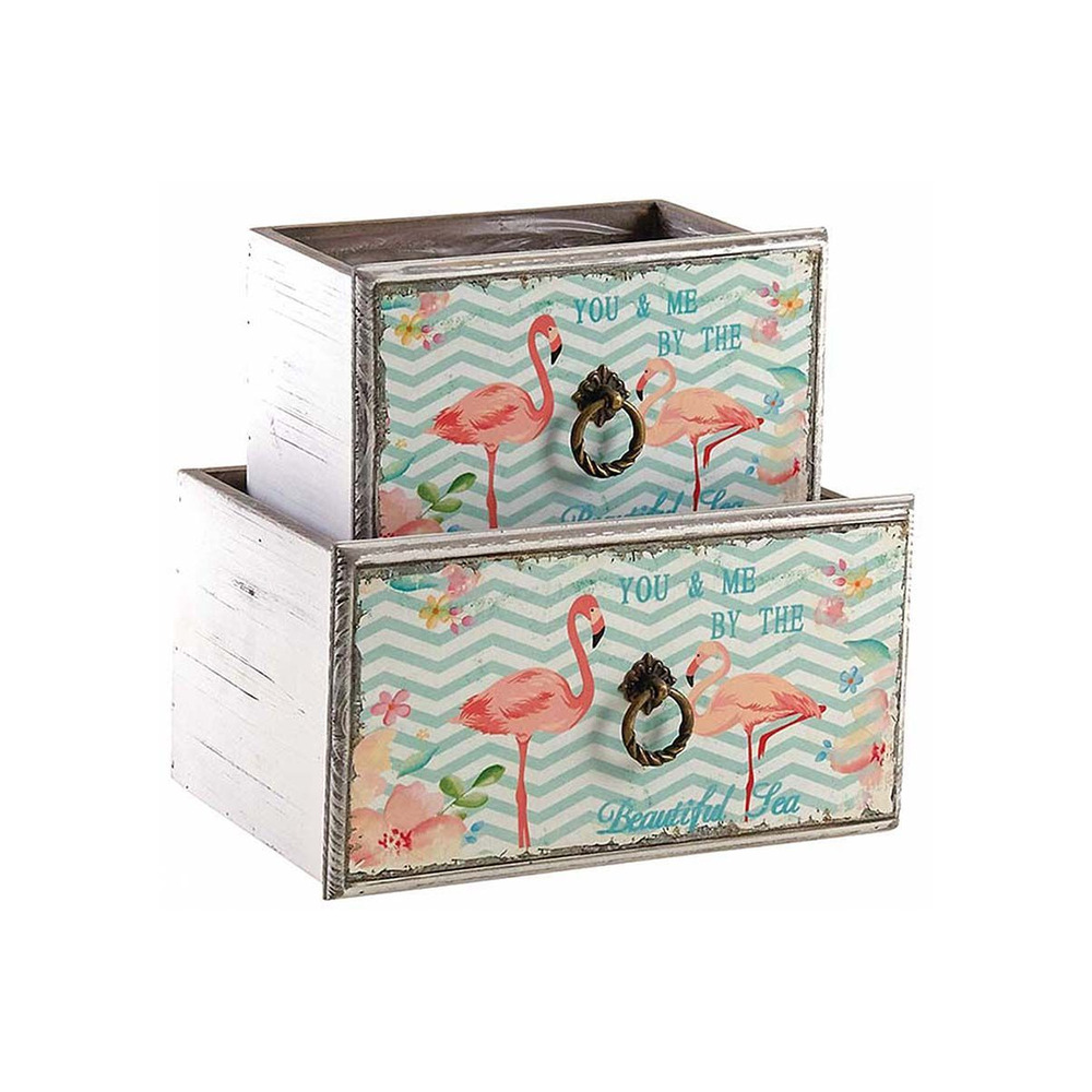 Corbeille tiroir en bois flamants roses (lot de 2)