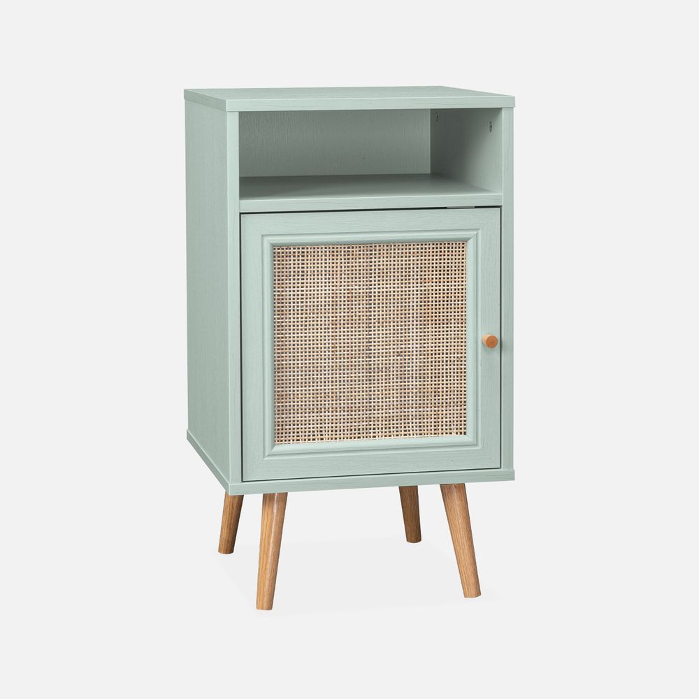 Table de chevet en cannage 40x39x70cm - 2 niveaux - 1 portes - 1 espace de rangement - pieds scandinaves