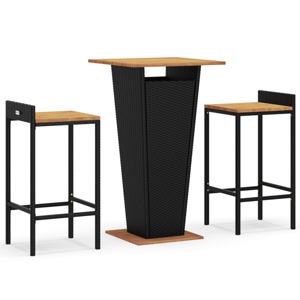 Ensemble de bar jardin 3 pcs noir poly rotin/bois massif acacia