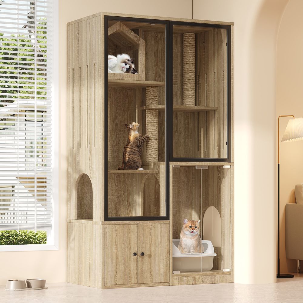 Maison chat bois verre trempé 4 niveaux griffoir rangement 160cm - comfortxl pet living