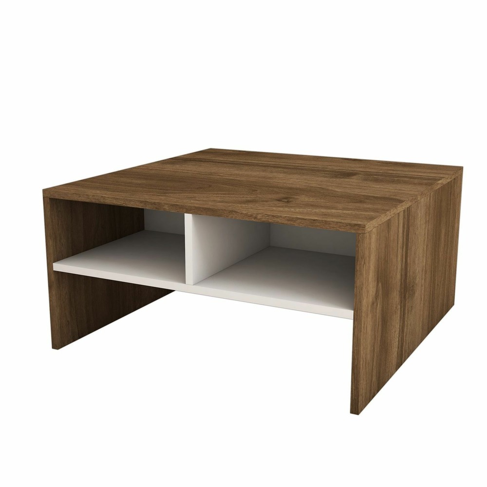 Table basse carrée avec niches de rangement - l. 80cm - blanc et marron