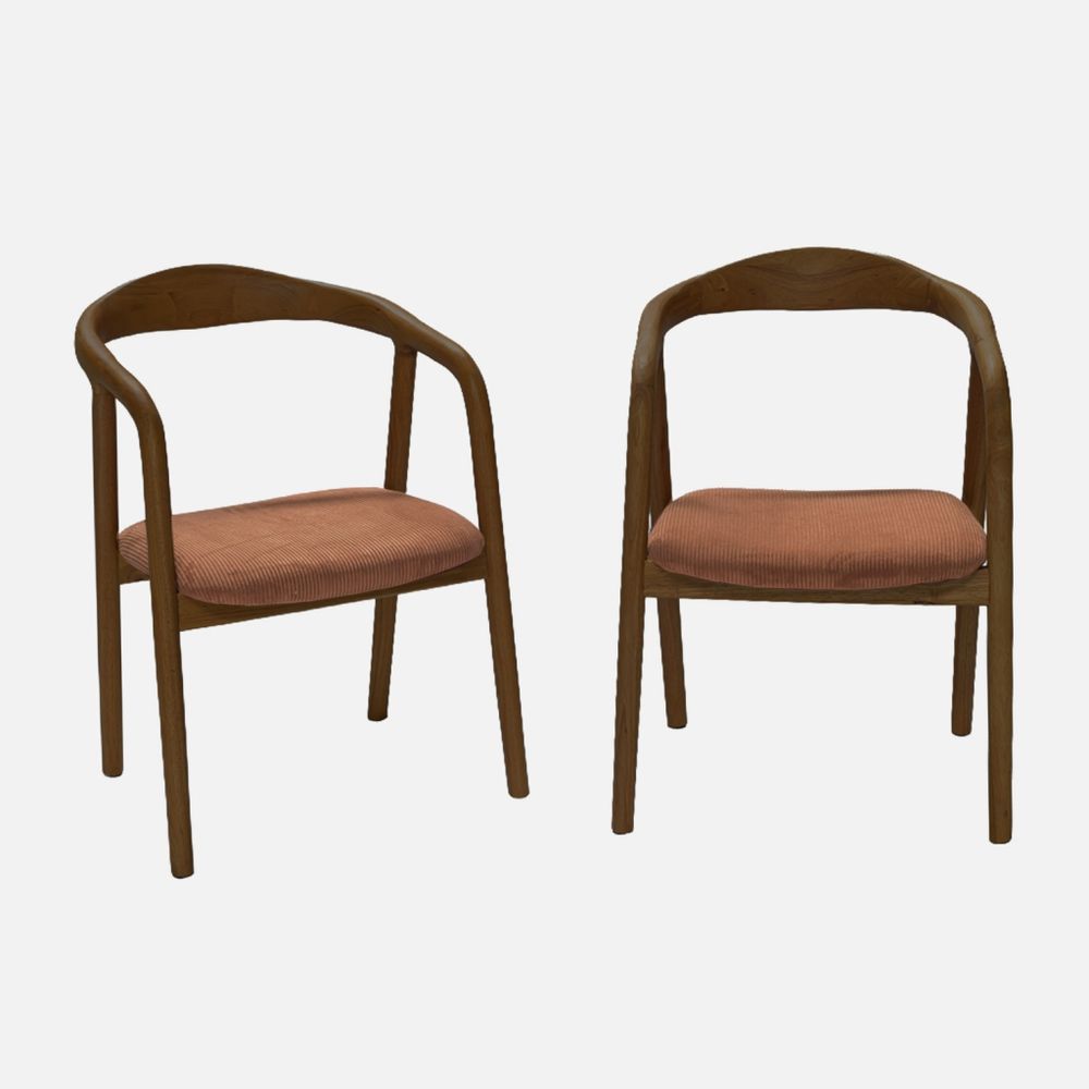 Lot de 2 fauteuils vintage bois d'hévéa teinté noyer et velours côtelé - l 55 x p 58 x h 79 cm