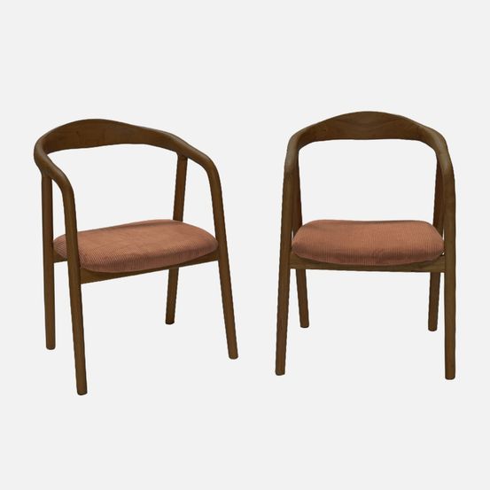 Lot de 2 fauteuils vintage bois d'hévéa teinté noyer et velours côtelé - l 55 x p 58 x h 79 cm