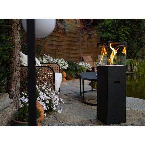 Cheminee bioethanol sur pied patio 95 cm noir mat avec vitre design moderne