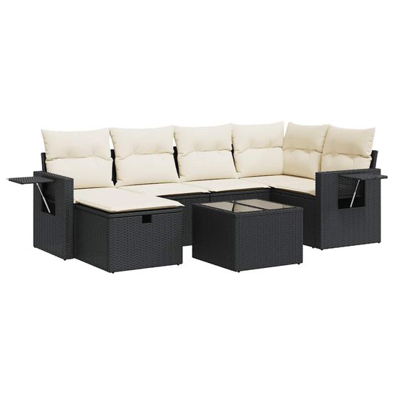 Salon de jardin 7 pcs avec coussins noir résine tressée
