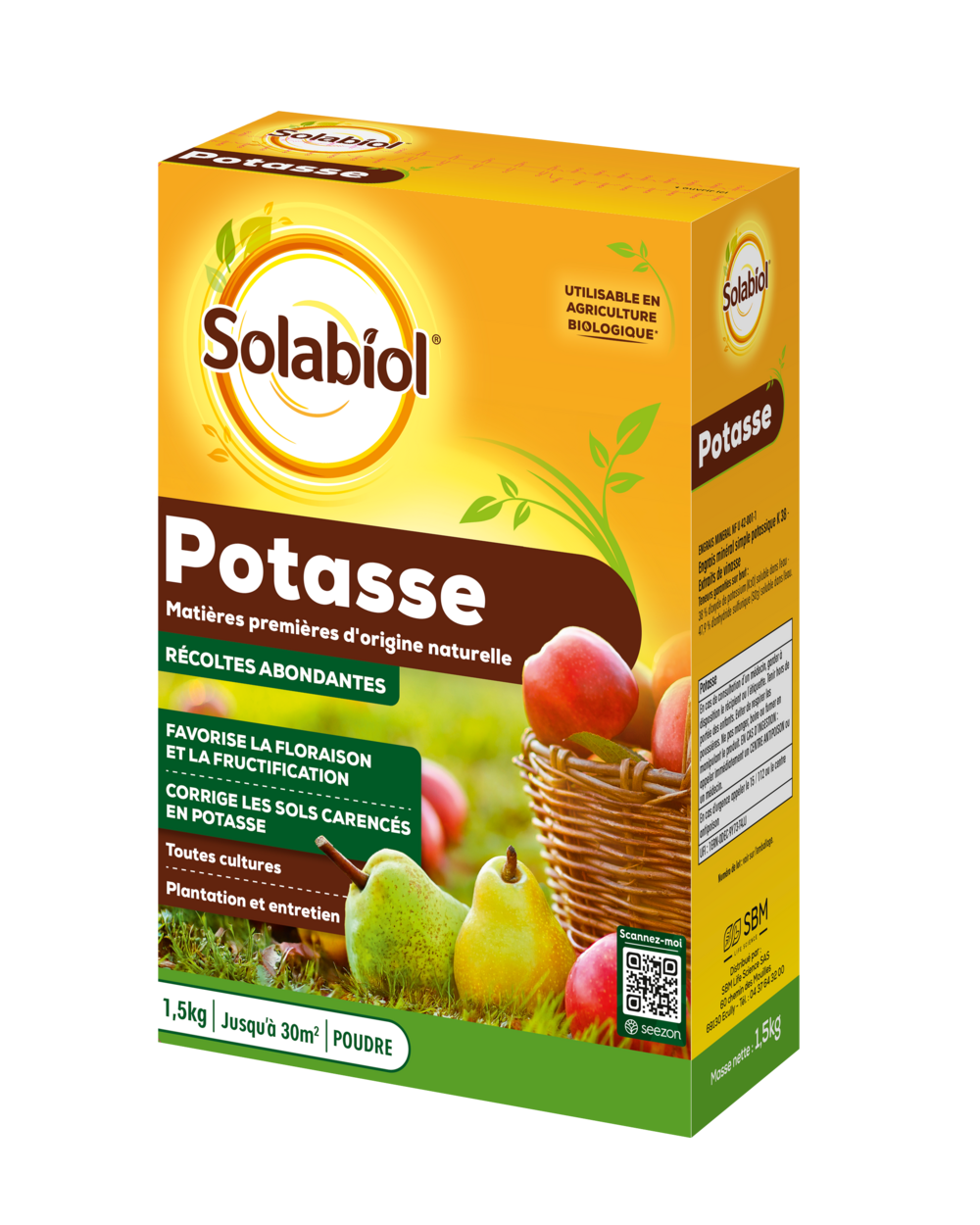 Solabiol engrais potasse - 1,5kg - jusqu'à 30m² - améliore la fructification - facile a épandre - pour toutes les cultures
