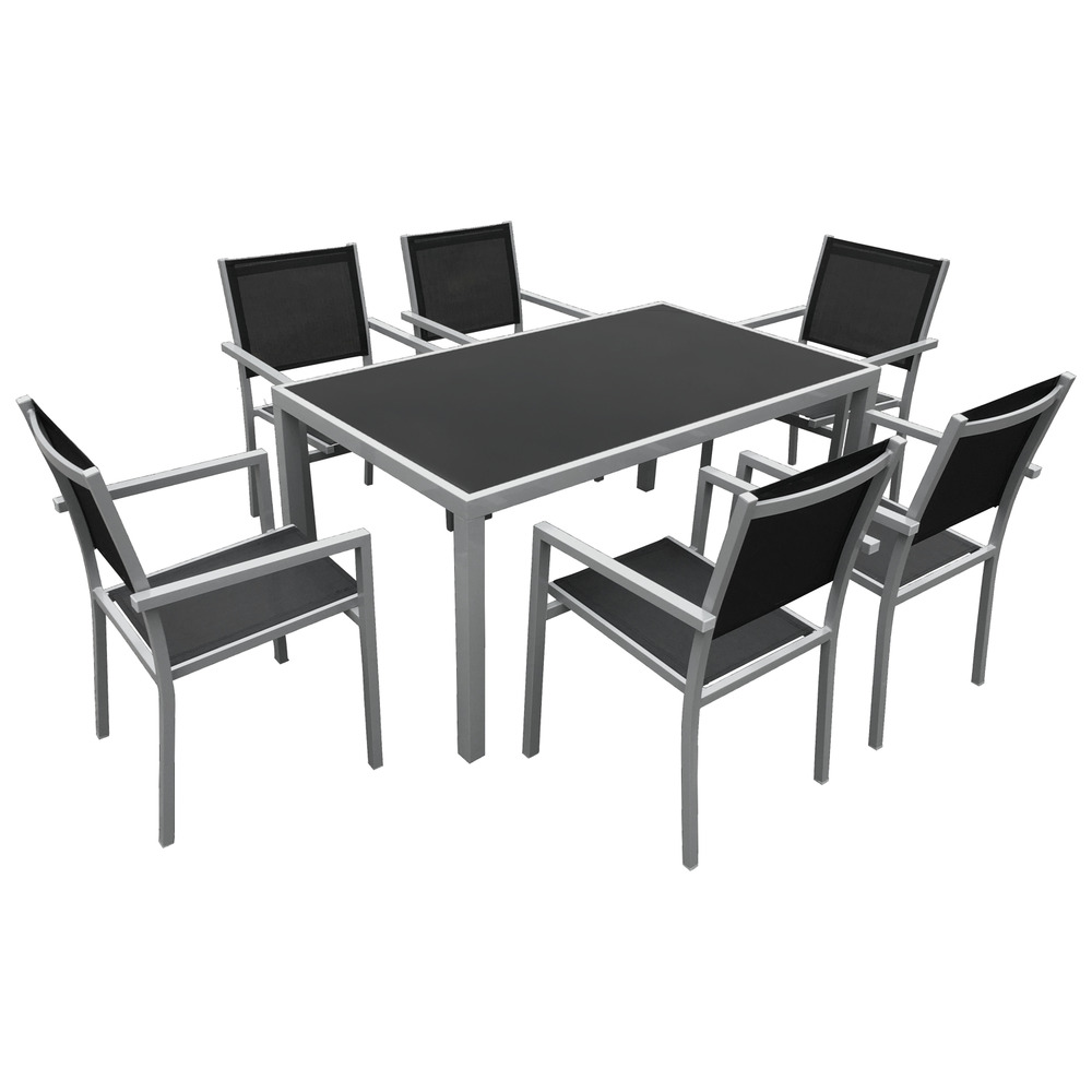 Salon de jardin bergamo en textilène noir 6 places - aluminium gris