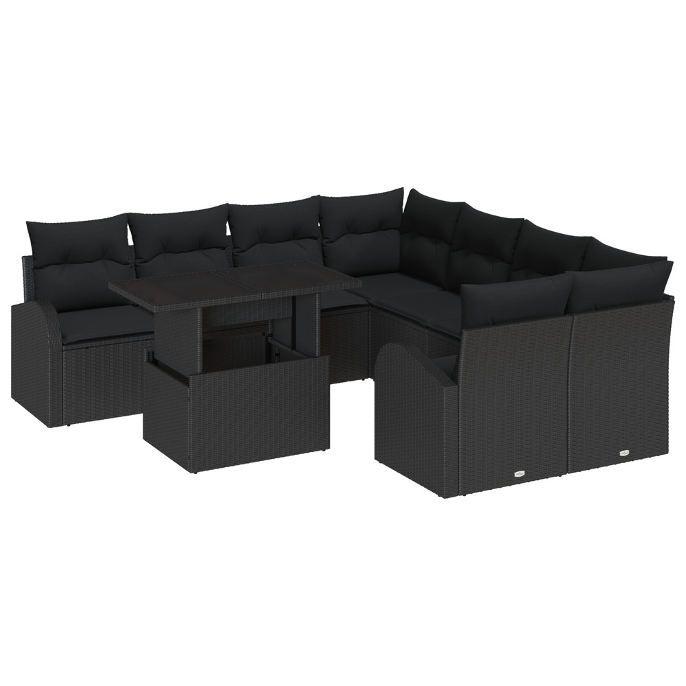Ensemble de canapés de jardin 9 pièces avec coussins noir rattan poly