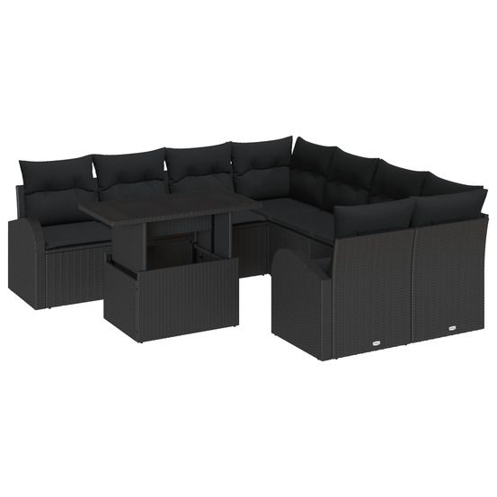 Ensemble de canapés de jardin 9 pièces avec coussins noir rattan poly