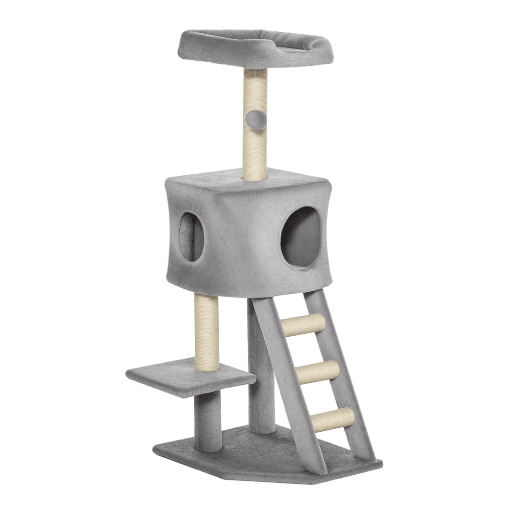 Arbre à chat bois peluche intérieur jeu repos plateforme multiniveaux 120cm gris clair