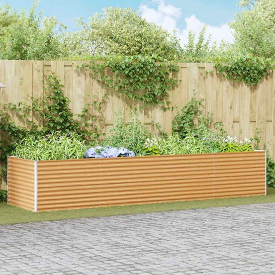 Jardinière xxl haute gamme en acier galvanisé pour jardinage intensif et décoration extérieure marron clair 390x100x68cm