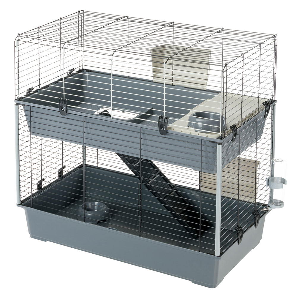 Ferplast cage à 2 étages pour lapins rabbit 100 double, maisonnette pour petits animaux, clapier avec accessoires inclus, en métal