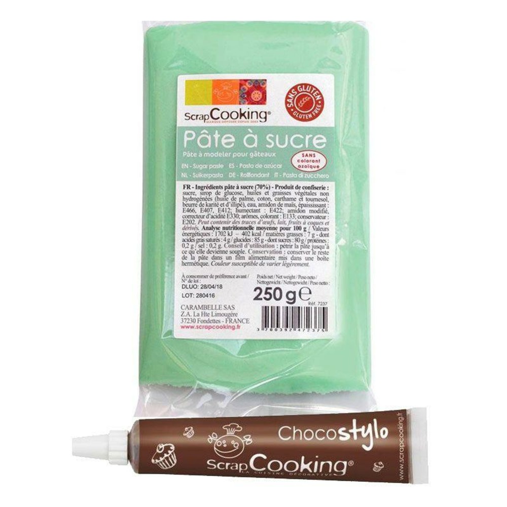 Pâte à sucre vert d'eau 250 g + stylo chocolat